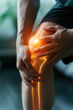 vertical image illustration of person touching Knee suffering Pain Highlighted with Glowing Effect, Health and medicine Concept
