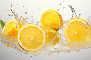 Lemons are in the air. falling, flying fruits and a splash of juice. levitation. a frozen frame.