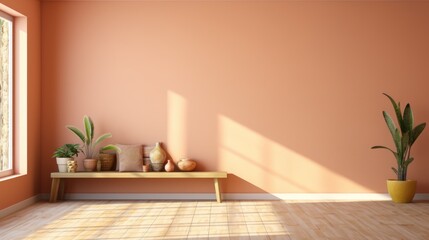 Fototapeta na wymiar Clean and simple warm color peach orange terracotta wall empty room background or backdrop for online presentations and virtual meetings