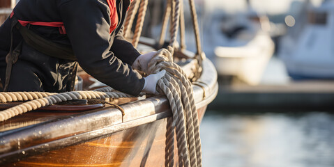 Une personne en train d'organiser une corde sur le pont d'un voilier avec en arrière-plan un port. - obrazy, fototapety, plakaty