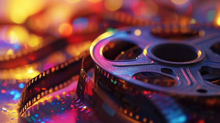 Close-up of a spiral of cinematic film reel illuminated with purple and orange lighting - obrazy, fototapety, plakaty