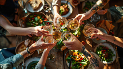 Top view of a group of people sitting around a rustic wooden dining table, toasting with their glasses raised amidst a spread of various dishes