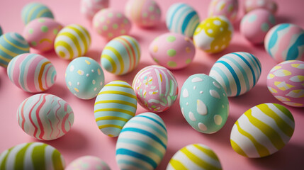Collection of decorated Easter eggs with various patterns and colors, scattered on a pink surface.
