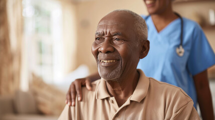Elderly man smiling contentedly while a female nurse stands behind him, resting her hands on his shoulder in a comforting manner. - obrazy, fototapety, plakaty