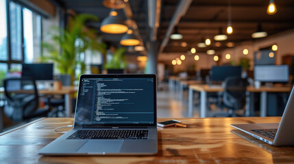 Fototapeta premium Laptop with code on the screen is placed on a wooden table in a modern, well-lit office space
