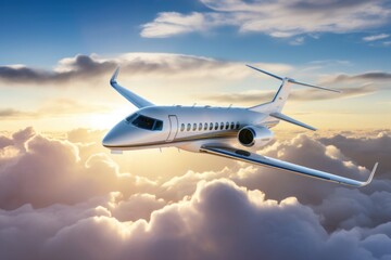 Against the backdrop of the sunset, a business jet traverses the clouds with sleek, high-flying...