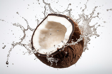 cracked coconut with big splash, Coconuts with water splash isolated on white background - obrazy, fototapety, plakaty