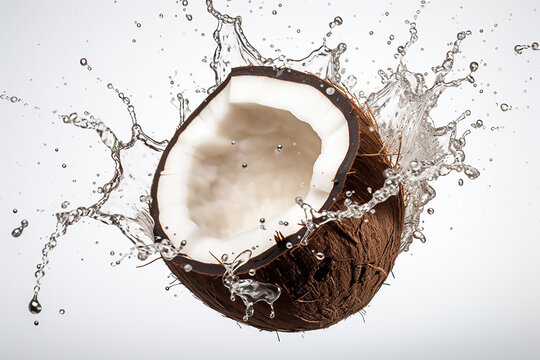 cracked coconut with big splash, Coconuts with water splash isolated on white background