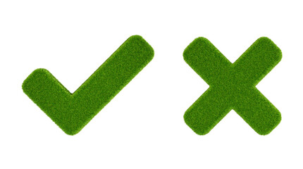 Grass-covered tick and cross symbols isolated on transparent background. 3D rendering
