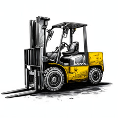 Warehouse forklift in action isolated on white background, sketch, png
