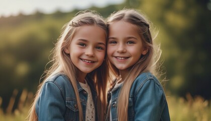 Fototapeta premium two little twins, twin girls, two sisters, little kids, happy kids