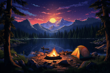 Forest Tent .illustration of Camping Evening Scene. Tent, Campfire, Pine forest and rocky mountains background, starry night sky with moonlight
