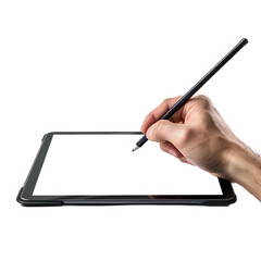 Hand using a digital tablet and stylus isolated on white background, photo, png
