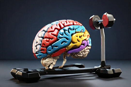 Brainpower Amplified. 3D render of a brain lifting weights, symbolizing mental strength and cognitive fitness. Boost your intellectual prowess.