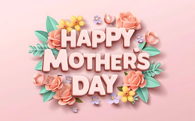 Pastel Aesthetic Floral Happy Mother's Day, 3d render, typography, illustration