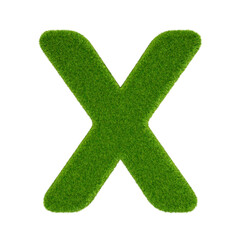 Grass-covered letter X isolated on transparent background. 3D rendering