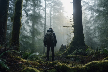 Young man traveler traveling at misty forest