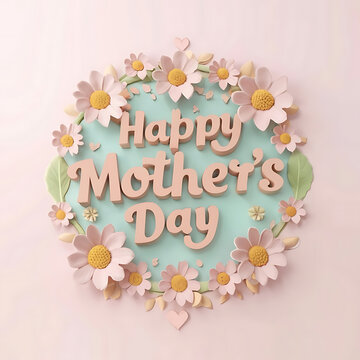 Pastel Aesthetic Floral Happy Mother's Day, 3d render, typography, illustration