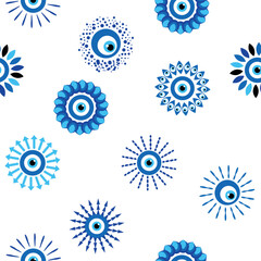Evil eye Heavenly seamless pattern with suns, moons, stars, palms. For textiles, souvenirs, household goods.