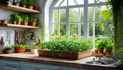 kitchen with a greenhouse window, perfect for growing herbs and small plants