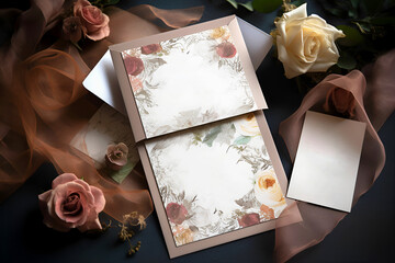 Mockup for your design. Envelope and letter are decorated with delicate floral pattern on dark background. Roses and silk ribbons are scattered around