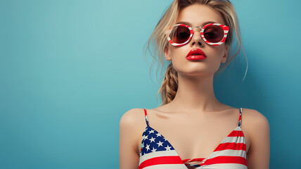 Woman Wearing American Flag Swimwear with Plain Color Background