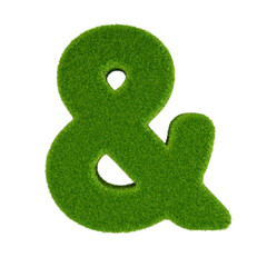 Grass-covered ampersand character isolated on transparent background. 3D rendering