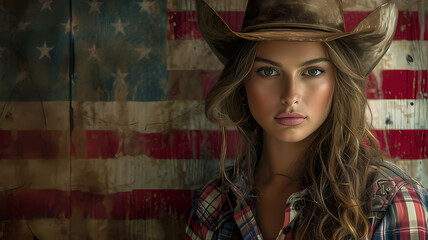 Beautiful American Woman Cowgirl Dressed in Classic Country Outfit