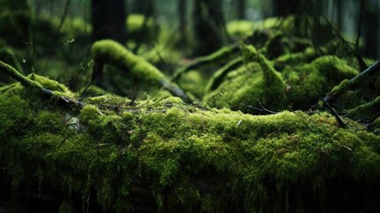 Beautiful close-up photo of mossy forest floor. Abundant nature - obrazy, fototapety, plakaty