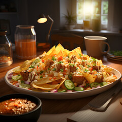 A nachos on a plate with a big photo