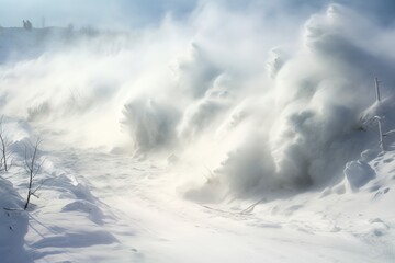 a windy landscape with snow blowing everywhere