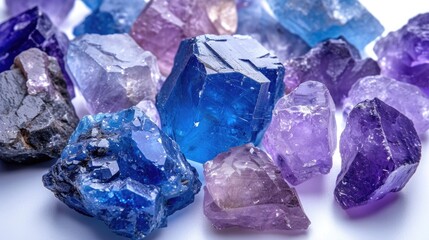 Harmonious blend of Amethyst, Lapis Lazuli, and Tanzanite, displaying their soothing shades of blue and purple on a white background