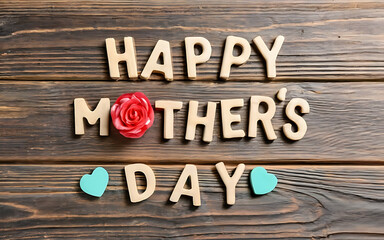 Happy Mothers Day message on old wooden background, Top view