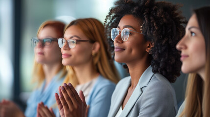 Women are sitting in a row with the focus on the middle one, and they appear to be clapping or applauding.