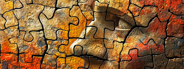  Puzzle pieces with ancient cave painting style artwork on a textured stone background.
