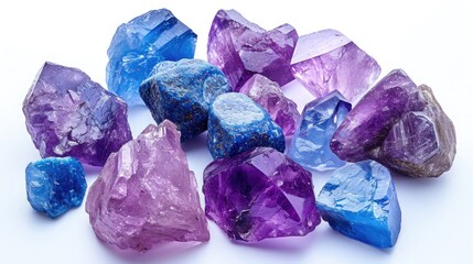 Harmonious blend of Amethyst, Lapis Lazuli, and Tanzanite, displaying their soothing shades of blue and purple on a white background