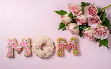 Glazed cookies with the word MOM and a beautiful bouquet of flowers on a pink, isolated background. Top view. Congratulations for your beloved mother
