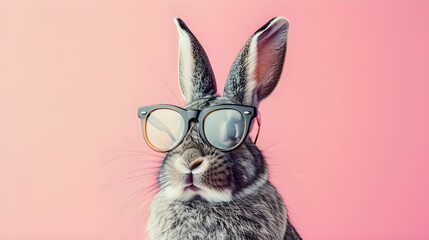 Creative animal concept. Rabbit in sunglass shade glasses isolated on solid pastel background, commercial, editorial advertisement, surreal surrealism