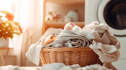 Fototapeta na wymiar A hamper of soiled garments next to washing appliances in the laundry area.