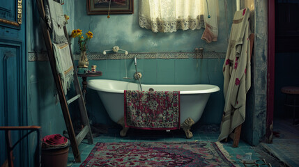 Obraz na płótnie Canvas The bathroom features a clawfoot tub, a vintage rug, and a decorative ladder holding towels