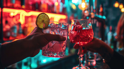 Two hands holding glasses with drinks, set against a backdrop of a bar with glowing neon lights.