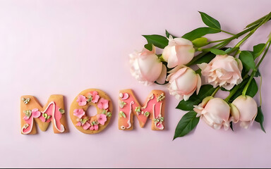 Glazed cookies with the word MOM and a beautiful bouquet of flowers on a pink, isolated background. Top view. Congratulations for your beloved mother