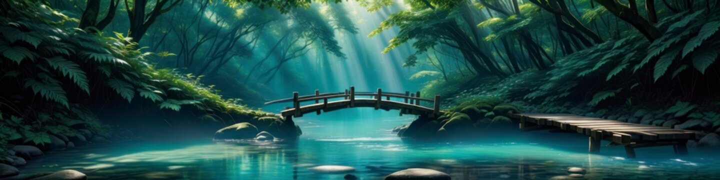 Photorealistic banner for World Environment Day, old wooden bridge over forest stream, wooden planking, sun rays breaking through tree crowns. Background for poster, banner, social networks
