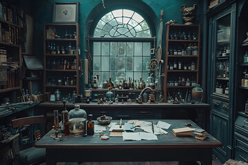 A mysterious alchemy room with a retro fantasy office vibe, belonging to an old-school wizard.