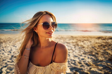 blonde woman with sunglasses on beach, enjoying sunny day