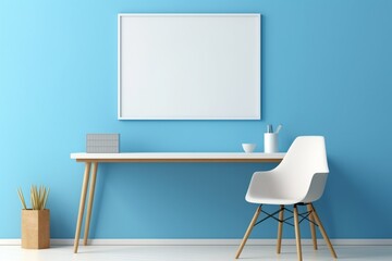 A bright office setting with a desk and chair, an empty mockup frame on the electric blue wall. Blank empty mockup frame.
