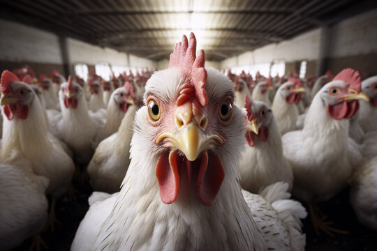 Close up of white chicken cooped up in stable in intensive animal farming