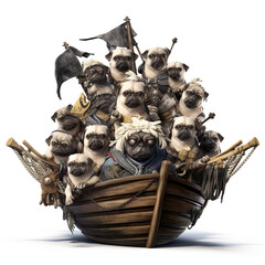 Pugs dressed as fearless Viking warriors sail the sea of ​​bones on their trusty longship, isolated on a white background