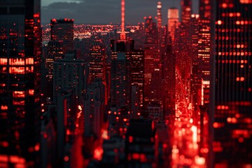 A city skyline at twilight with buildings outlined in neon red veins,