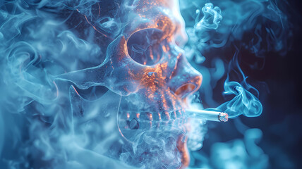 Blue Holographic Human Anatomy with Smoke Effects from Cigarette